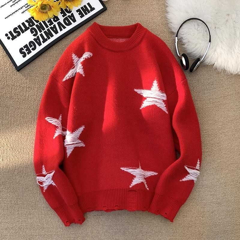 M505-特P55美式复古星星破洞毛衣男女秋冬新款宽松慵懒针织衫,男装针织衫/毛衣,电商D310B