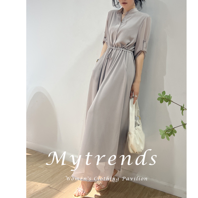 法式气质大摆雪纺纯色收腰显瘦