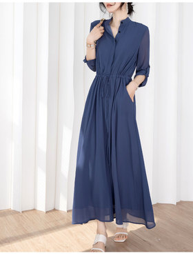 黑色蓝色雪纺连衣长裙女夏超长款及踝淑女风OL气质连衣裙收腰显瘦