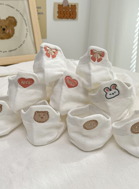 透气纯棉船袜女夏季防滑不掉跟后跟卡通刺绣防磨袜子薄款白色短袜