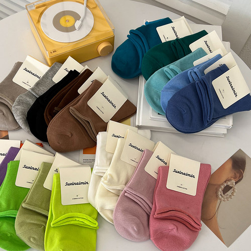 日系简约吸湿排汗女糖果色堆堆袜