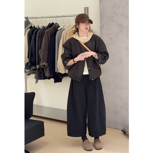 连帽加厚夹克外套百搭阔腿裤套装