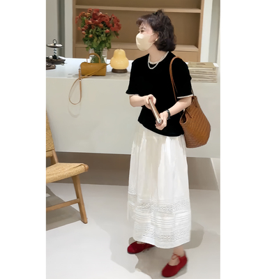 春夏法式蕾丝黑白撞色A字裙套装