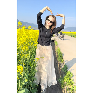 早春漂亮套装黑色针织开衫百褶半身裙女春夏高腰显瘦大摆裙两件套