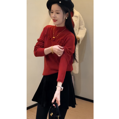 新年红立体花朵针织衫半身裙套装