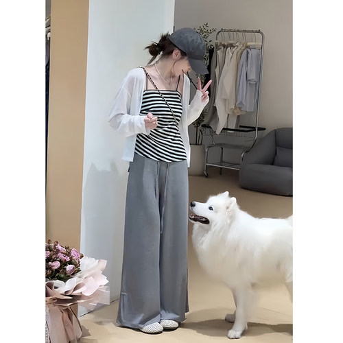 小众条纹吊带背心高腰阔腿裤套装
