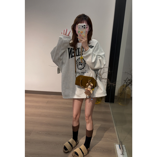 韩系松弛感卫衣外套字母印花卫衣女宽松套头中长款卡通可爱风上衣