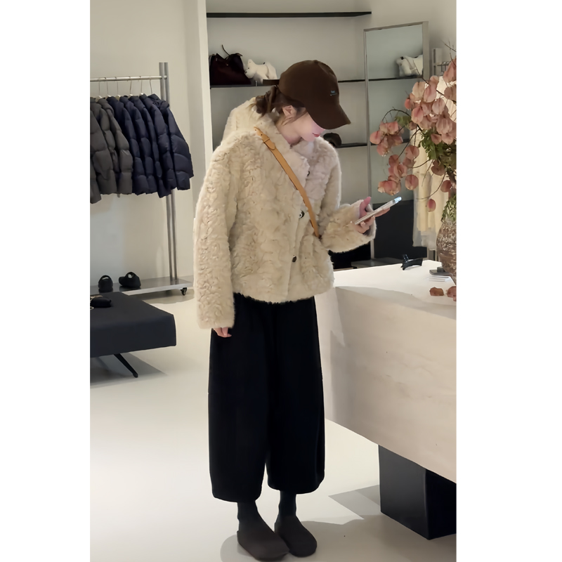 加厚保暖毛绒上衣外套阔腿裤套装