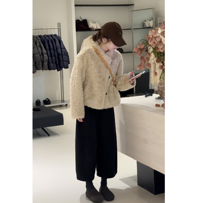 加厚保暖毛绒上衣外套阔腿裤套装