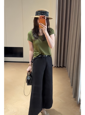 韩版绿色短袖上衣黑色阔腿裤宽松显瘦通勤穿搭初夏独特绝美小套装