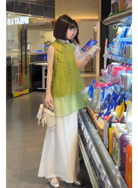 新中式套装清新风绿色无袖上衣夏季宽松阔腿裤两件套女休闲一整套