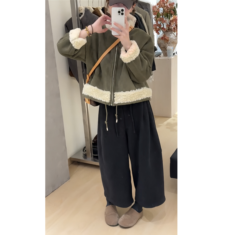 毛绒外套两面穿夹克阔腿裤套装