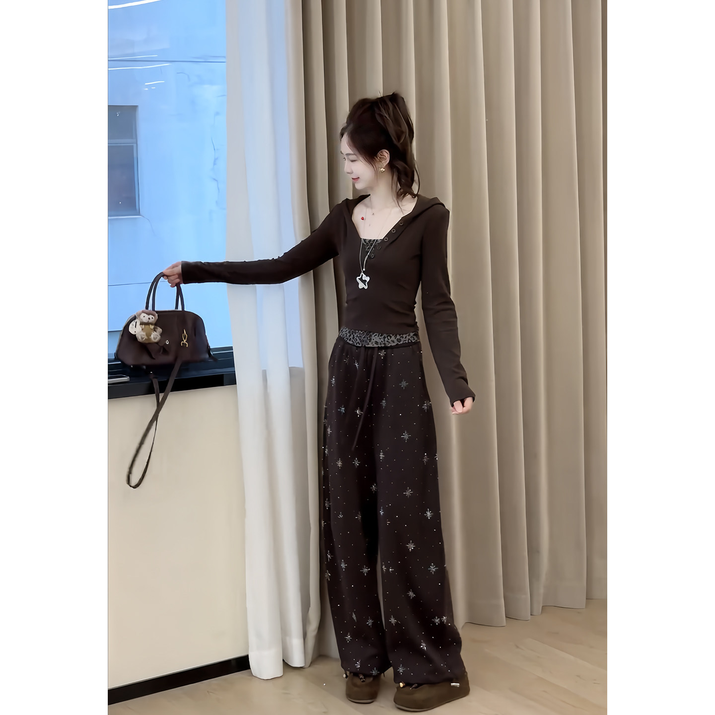 秋装女连帽假两件阔腿裤套装