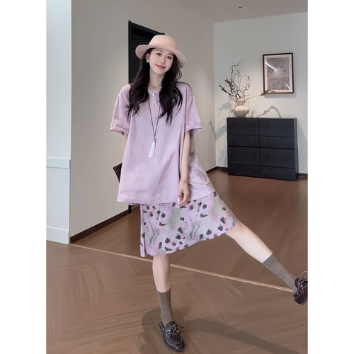 夏季女简约T恤碎花半裙两件套