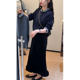 韩系穿搭一整套气质高级感木耳边针织开衫 外套丝绒半身裙两件套女