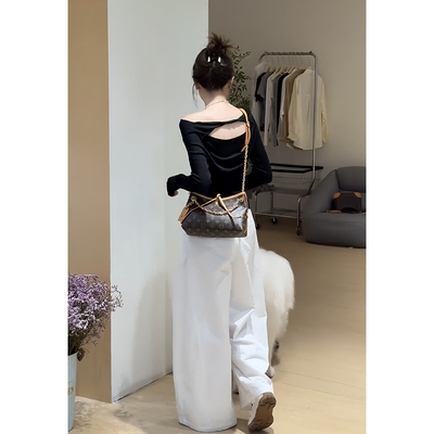 宽松长袖T恤上衣显瘦阔腿裤套装