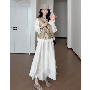 韩系上衣马甲套装不规则层次设计感半身裙巨好看的早春穿搭套装女