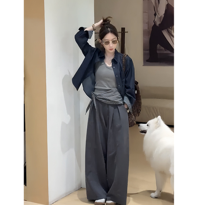 牛仔衬衫外套高腰阔腿裤两件套女