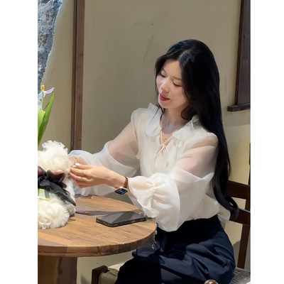 法式温柔木耳边衬衫套装女