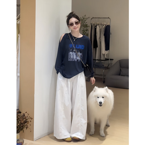 设计感露肩印花T恤阔腿裤套装