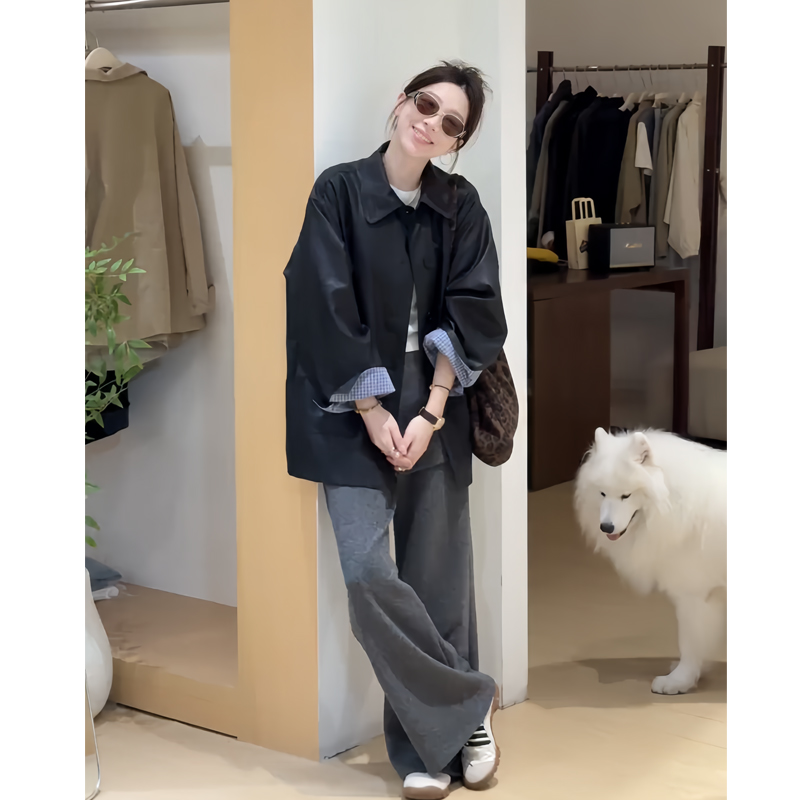 翻领皮衣外套假两件屁帘裤套装