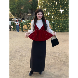 韩式搭配一整套新年红丝绒钉珠吊带背心叠穿衬衫百搭半身裙三件套