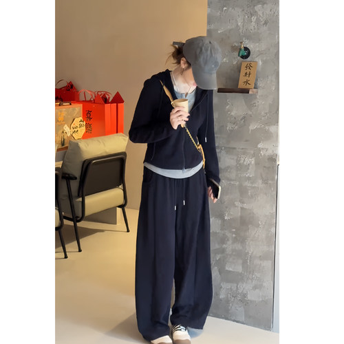 连帽假两件上衣外套阔腿裤两件套