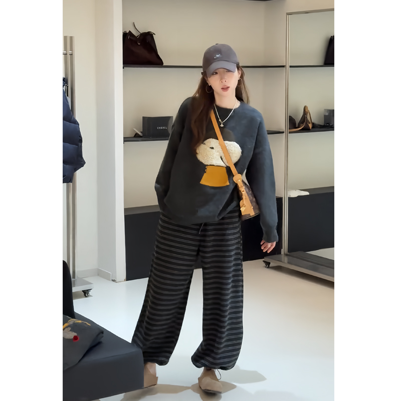 印花卫衣套装垂感条纹阔腿裤套装