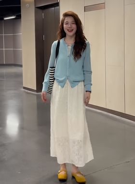 淡人高知穿搭一整套蓝色开衫长裙套装女小个子减龄两件套长款套装