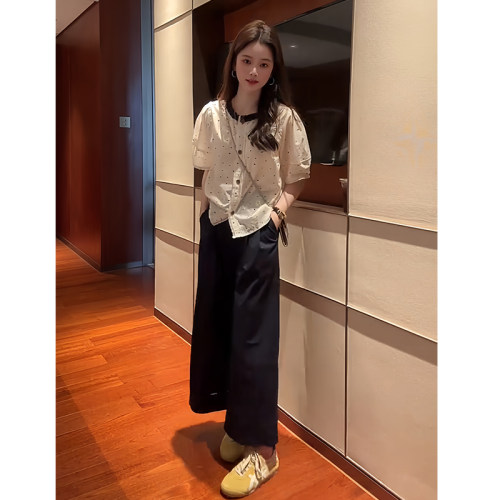 法式蕾丝花边拼接短袖衬衫套装女