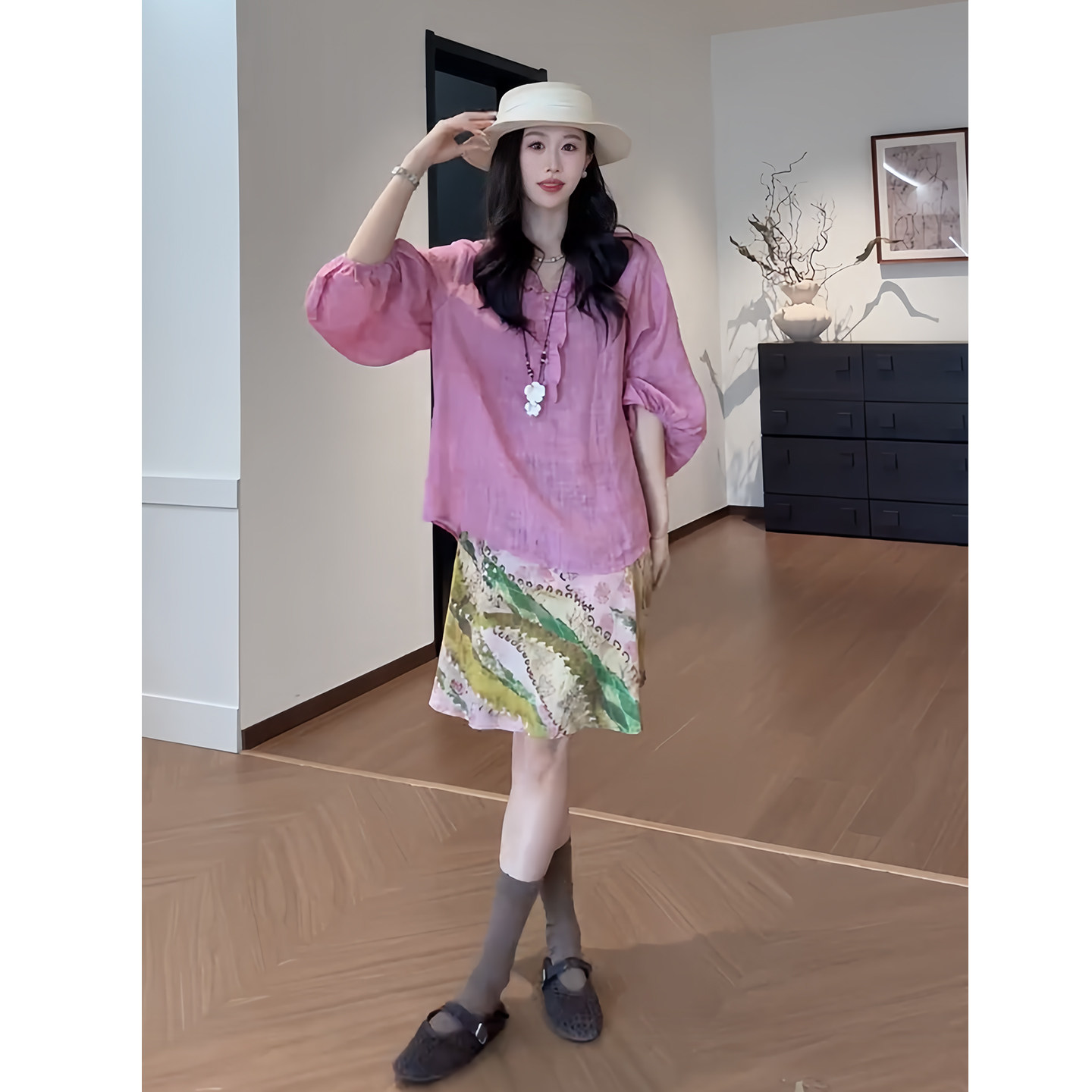 灯笼袖宽松衬衫印花半身裙两件套图片