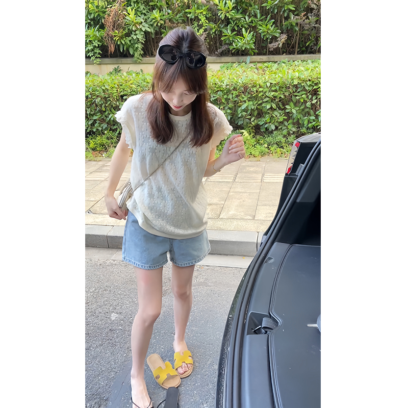 巨好看的夏装一整套设计感小众花边短袖T恤高腰牛仔短裤两件套女
