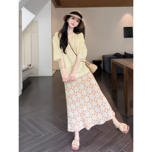 超漂亮绝美套装夏季镂空刺绣宽松上衣印花显瘦垂感半身裙女两件套
