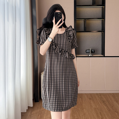 时尚洋气格子宽松显瘦大码女装胖mm胖妹妹短袖连衣裙夏季新款韩版