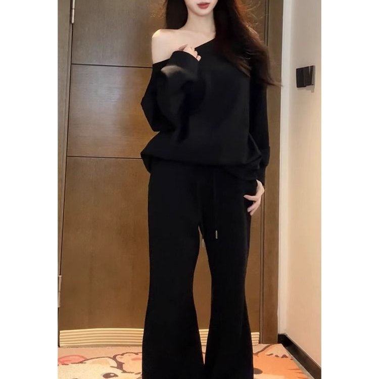 官图 华棉刷毛 薄款/加绒 斜肩卫衣女微喇叭长裤两件套装,女装/女士精品,休闲运动套装,淘宝优惠券,粉丝福利购,淘宝优惠卷