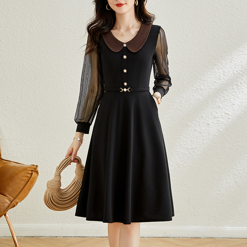 气质假两件套蕾丝镂空长袖修身中长款大码女装胖mm长袖连衣裙春秋