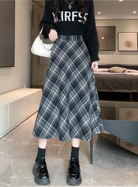实拍~冬季韩版毛呢高腰长裙chi格子中长半身裙女