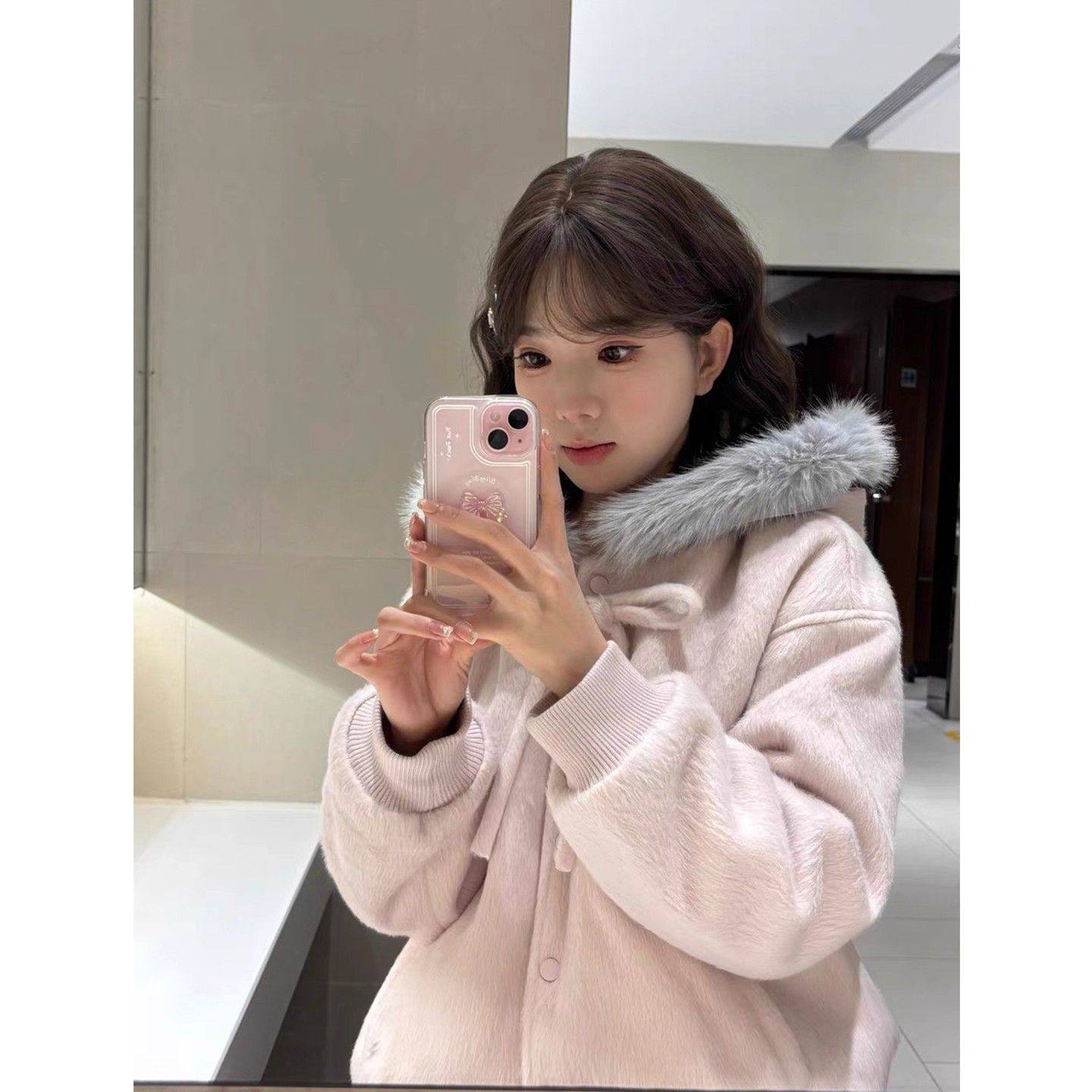 软妹穿搭粉色连帽蝴蝶结绑带气质大毛领外套女秋冬学院风毛呢上衣,女装/女士精品,短外套,淘宝优惠券,粉丝福利购,淘宝优惠卷