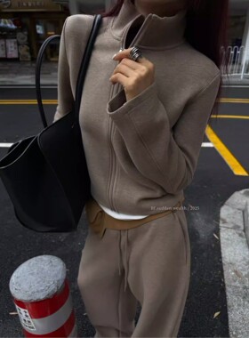 BF秋冬新款拉链立领修身显瘦加绒保暖上衣外套阔腿裤德绒休闲套装