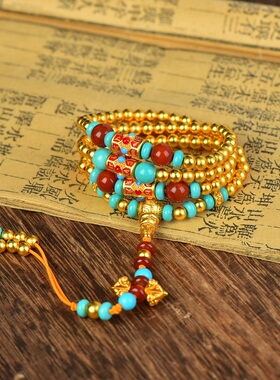 古法108颗多圈红蓝设计款佛珠彩石降魔杵项链手链古法长链高保色