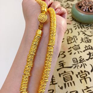 沙金手工盤纏項(xiàng)鏈黃金色鏨刻實(shí)心隔片錘紋金圈藏繩錢串子項(xiàng)鏈古風(fēng)