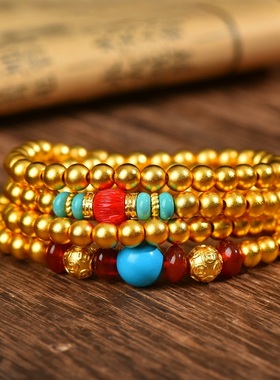 沙金钱币珠仿百香籽多圈手链古法素款国风礼品饰品编织高保色