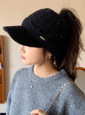 秋冬季帽子女款时尚百搭鸭舌针织帽甜美可爱空顶保暖帽韩系毛线帽