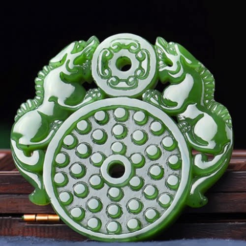 正品和田玉碧玉仿古貔貅吊坠男女款双面精雕双貔貅转运项链带证书