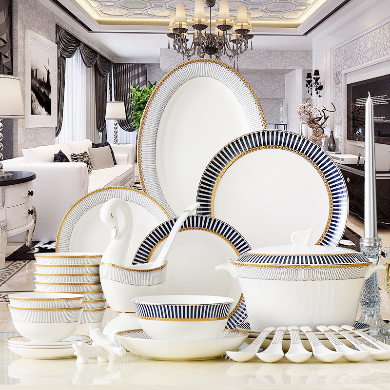 骨瓷餐具碗盘家用套装碗碟结婚乔迁碗筷组合微波炉餐具唐山骨质瓷