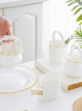 描金骨瓷勺子笼筷筒家用汤勺收纳盒厨房叉勺筒筷篓筷子筒天鹅勺篓