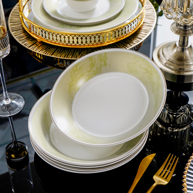 8英寸中式骨瓷盘子深盘家用金边菜盘汤盘陶瓷2025新款餐具可微波