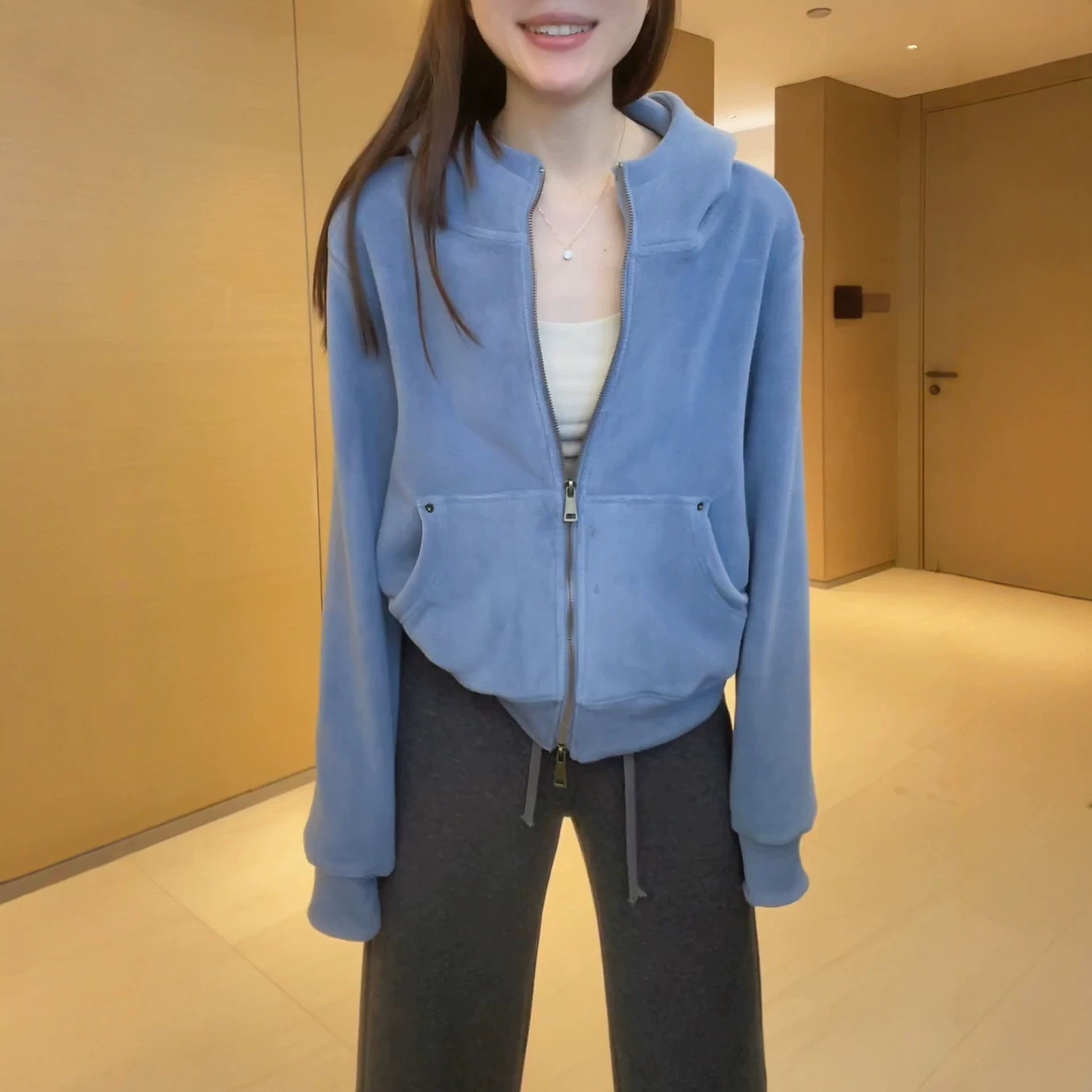 双拉链连帽运动卫衣外套女秋冬长袖蓝色开衫2026新款韩系宽松上衣