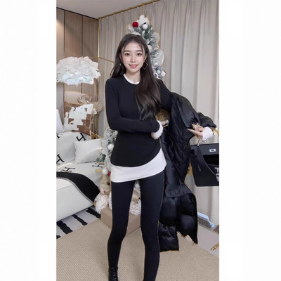 气质拼色磨毛长袖T恤女新款秋冬假两件打底衫收腰褶皱上衣女显瘦