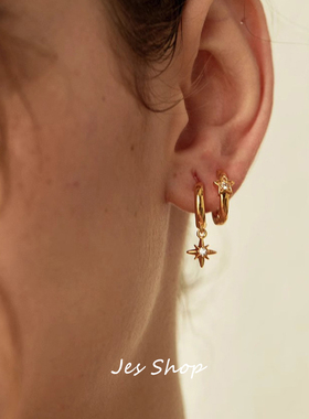 Jes Shop不对称八芒星耳环小众设计轻奢法式风金色简约高级感耳扣